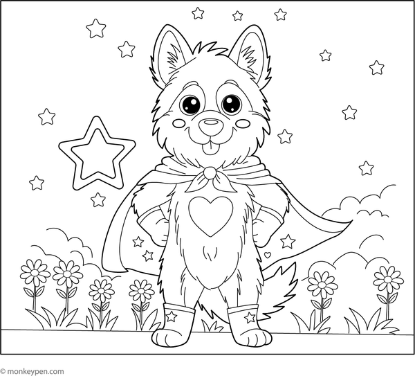 German Shepherd dressed as a superhero with a cape, flying over an urban scene for coloring entertainment.