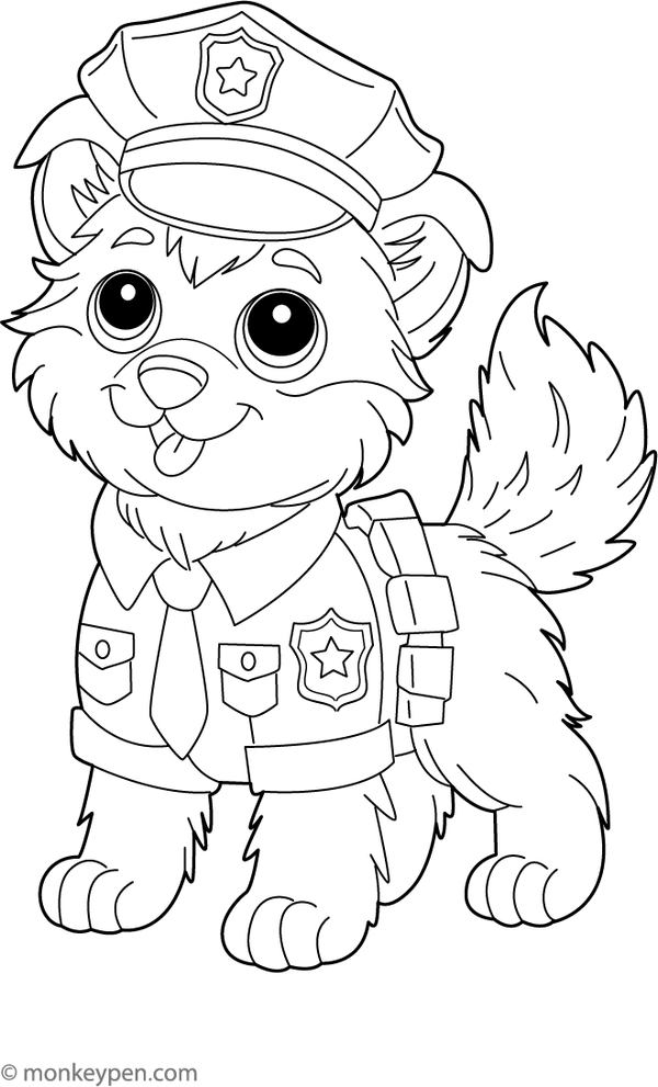 German Shepherd wearing a police hat, standing alert as part of a fun and educational coloring page.