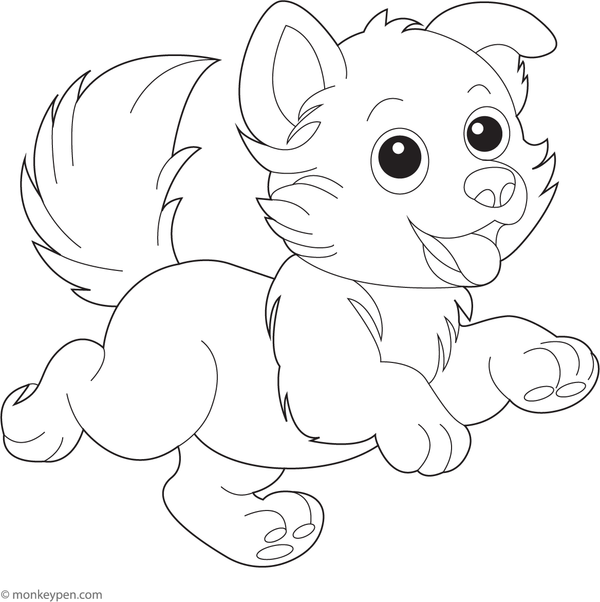 Playful Siberian Husky puppy jumping happily with floppy ears and wagging tail, suitable for coloring activities.