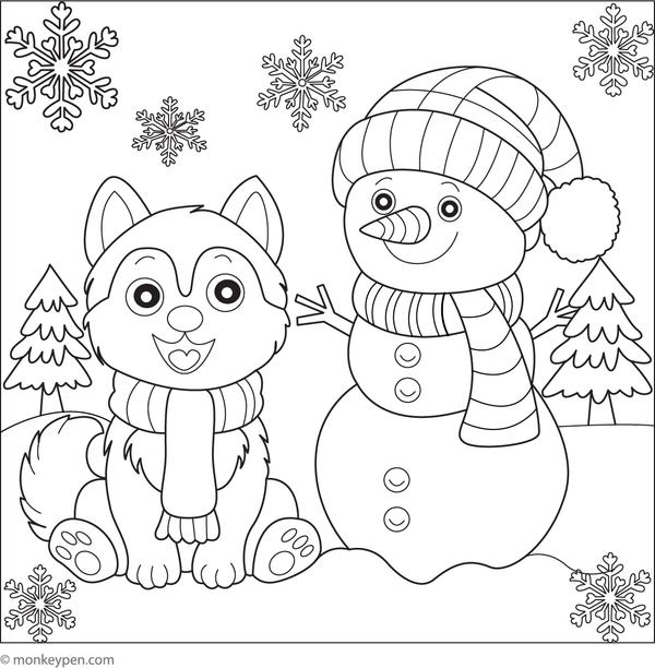 Husky standing next to a cheerful snowman, surrounded by snow and winter-themed details for coloring.