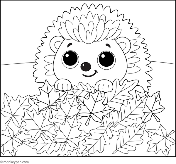 A hedgehog playing among a colorful pile of autumn leaves, ideal for creative coloring.