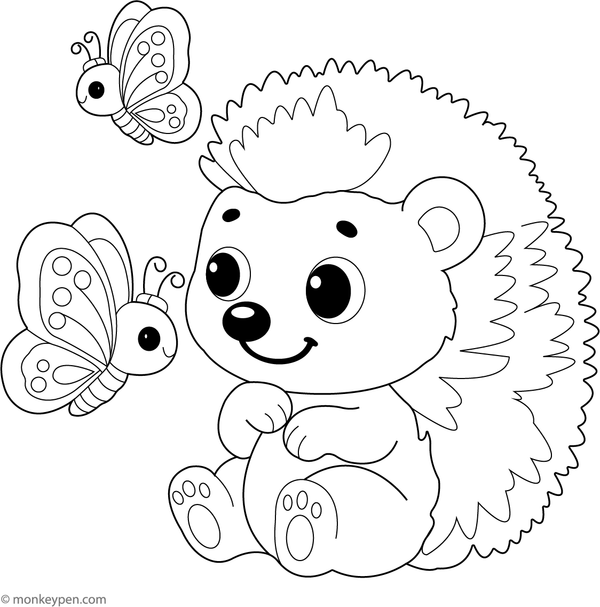 A hedgehog observing a delicate butterfly landing on a flower, designed for children's coloring.