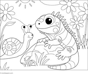 Iguana watching a snail slowly crawl past, surrounded by leaves to colour.