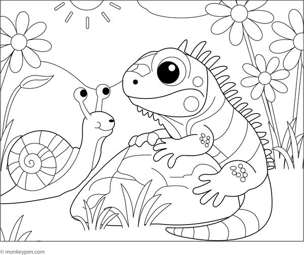 Iguana watching a snail slowly crawl past, surrounded by leaves to colour.