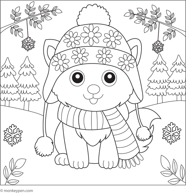 Husky wearing a cute winter hat, sitting in the snow with engaging details for coloring activities.