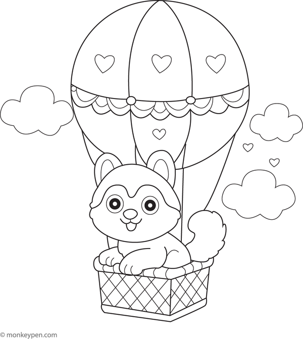 Husky gazing up at a hot air balloon floating in the sky, with clouds and landscape elements to be colored.