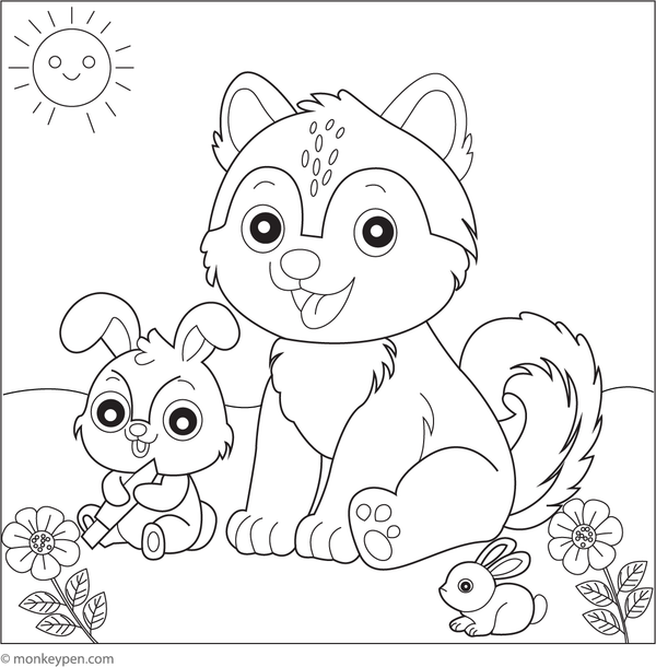 Husky sitting happily with a young friend, such as a child or another animal, within a cheerful scene to be colored.
