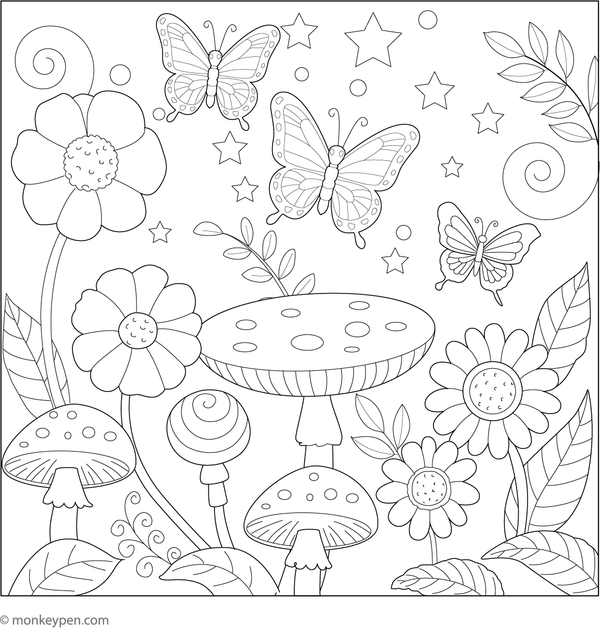 Vibrant and enchanting garden scene featuring flowers, butterflies, and sparkling accents for creative coloring.