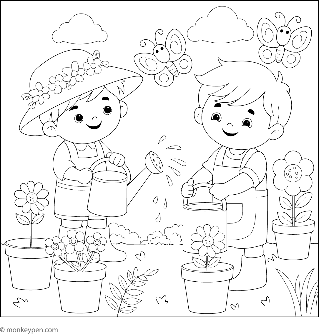 Children Watering Plants | Free Coloring Page