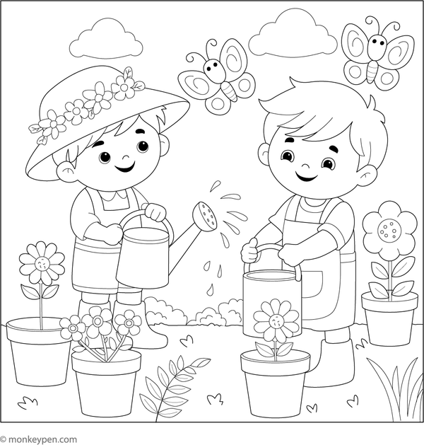 llustration of two children watering a diverse array of garden plants and flowers, ready for coloring.