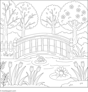 Scene of a wooden bridge amid a lush garden with flowers and trees, designed for children to color.