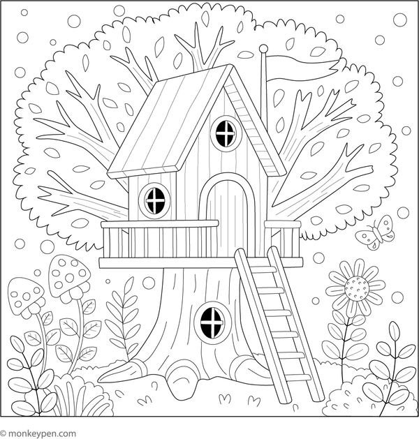 Imaginative tree house nestled in a garden with flowers and plants, prepared for coloring