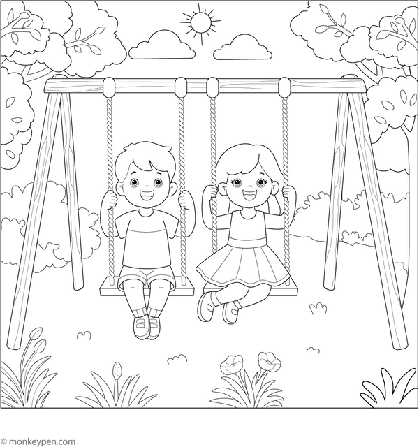 Kids on Swing Coloring Page