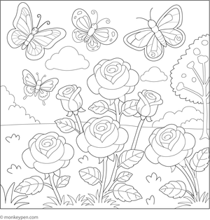 Rose garden filled with blooming roses and fluttering butterflies for coloring
