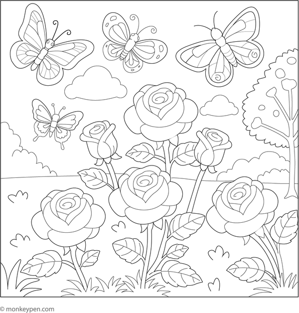 Rose garden filled with blooming roses and fluttering butterflies for coloring