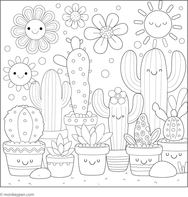 Desert-inspired garden scene with various cacti and succulents for creative coloring