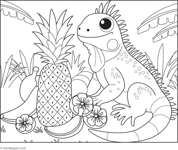 Iguana eating colourful tropical fruit in a garden scene for kids to colour