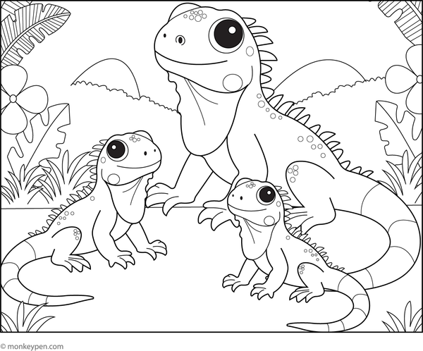 Iguana with family of iguanas in a leafy environment for children to colour