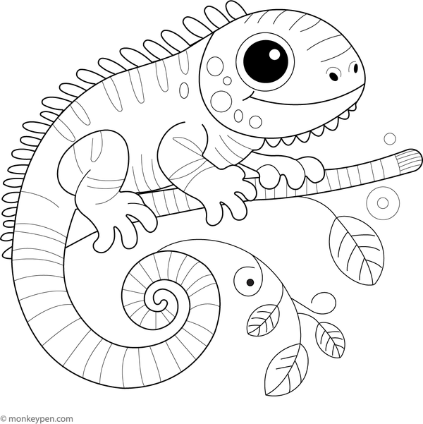 Cartoon-style iguana with exaggerated features and playful expression for colouring