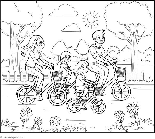 Family riding bikes together in a park, ready for coloring.
