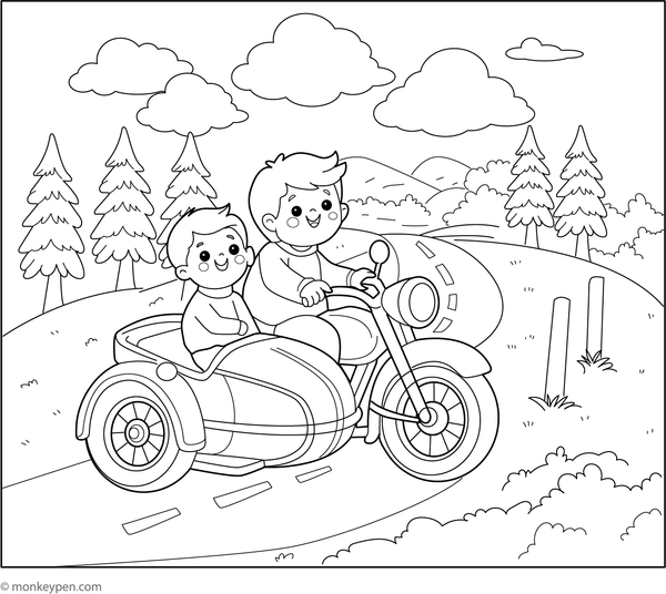 Adventure-themed motorcycle with sidecar, available as a free printable activity for kids.