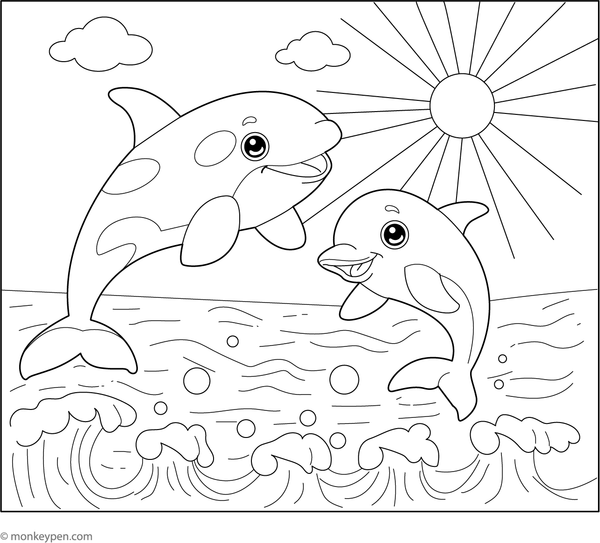 Printable coloring page of a killer whale and dolphin, designed for children's engagement.
