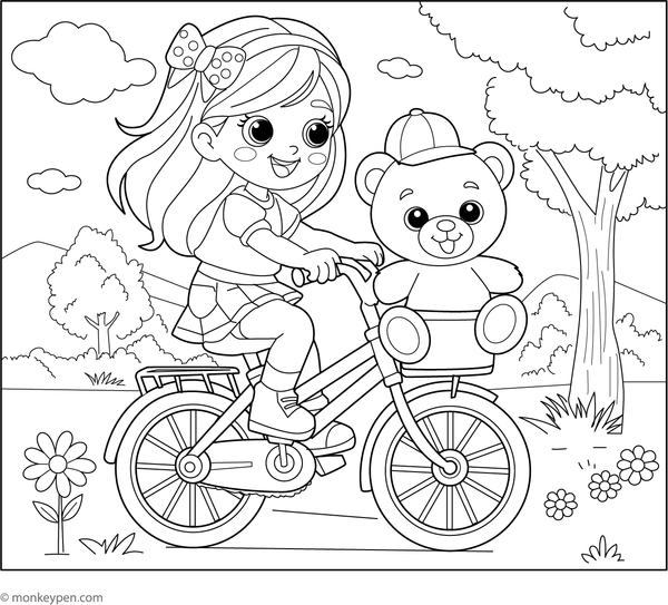 Tricycle with a teddy bear sitting on it, ready for colouring.