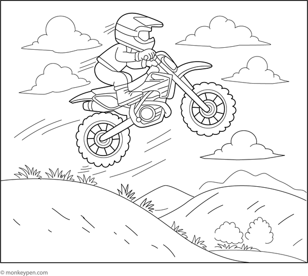 Coloring page of a dirt bike jumping over hills, suitable for children's coloring fun.
