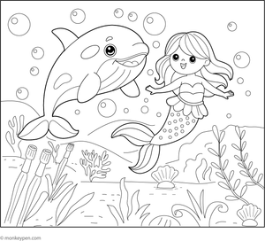 Coloring sheet of a killer whale and mermaid, available for free download for children's artistic projects.