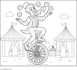 Performer juggling while riding a unicycle at a carnival, ready for colouring.