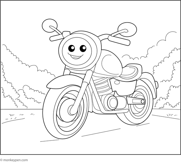 Cartoon-style motorcycle with a cheerful face, available as a free printable coloring activity for kids.