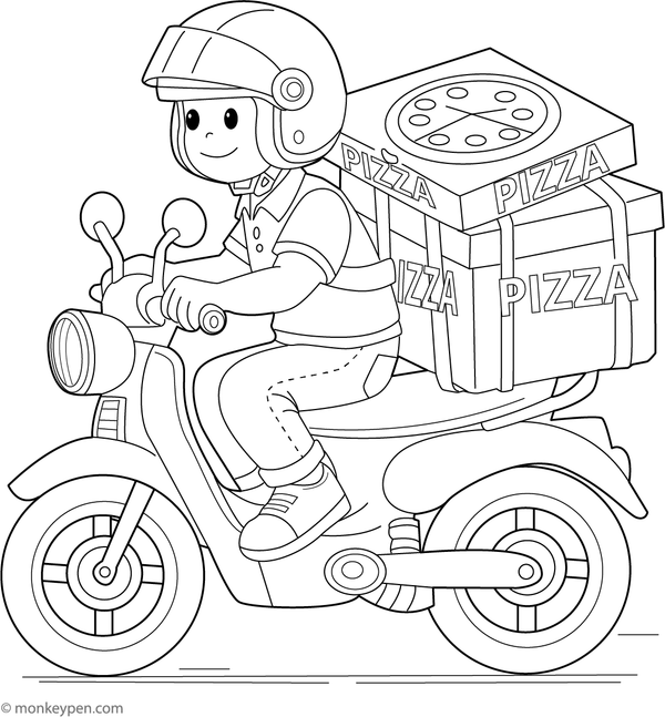 Delivery motorcycle with a pizza box, provided as a fun and printable activity for children.