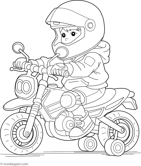 Young child riding a mini motorcycle, suitable for children's coloring projects.