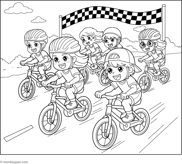 Printable colouring page depicting children participating in a bicycle race, suitable for engaging students in activities related to action, sports, and outdoor recreation.