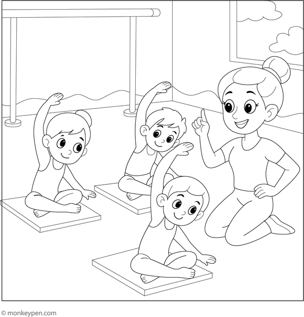 Children participating in a gymnastics class involving mats and equipment for coloring