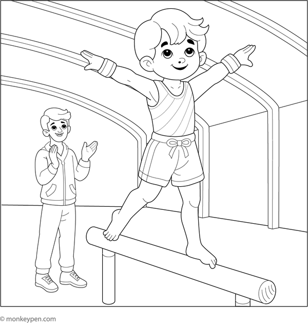 Young gymnast balancing carefully on a beam with arms outstretched for coloring