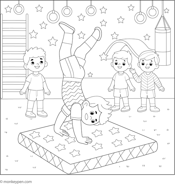 Child performing a cartwheel in a gymnastics studio, ready for coloring fun