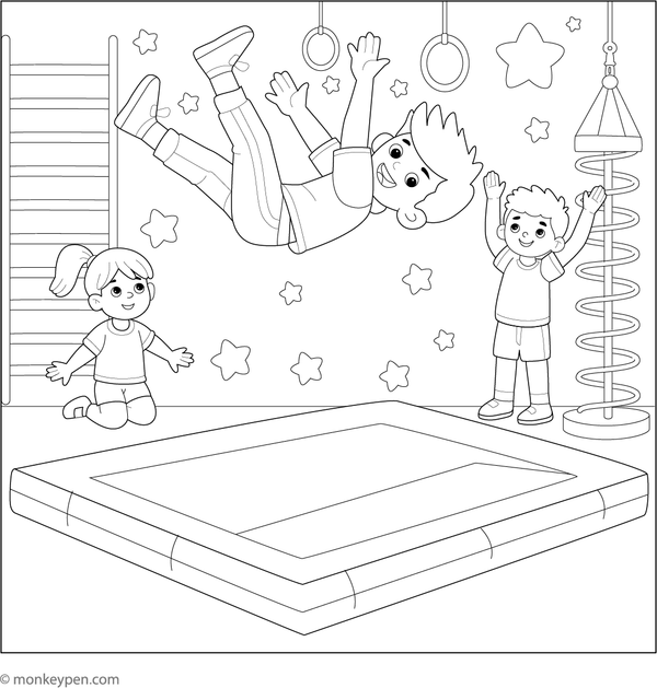 Young gymnast performing a backflip in a gym with mats and friends to color