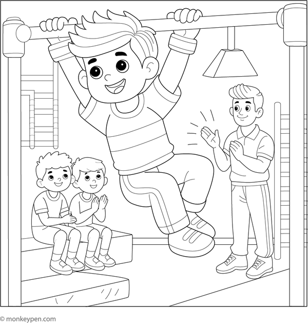 Gymnast practicing swings and routines on parallel bars in a gym environment ready for coloring