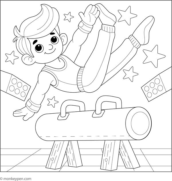 Gymnast performing on the pommel horse with skillful swings for children to color
