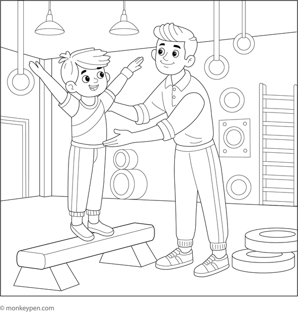 Gymnastic coach guiding children in a gym, with mats and equipment for coloring