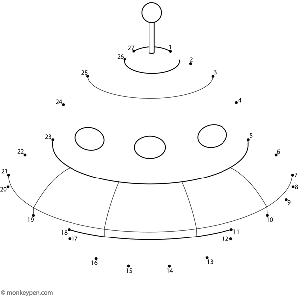 Printable dot-to-dot worksheet of a cartoon UFO spaceship with lights, for children to connect and color.