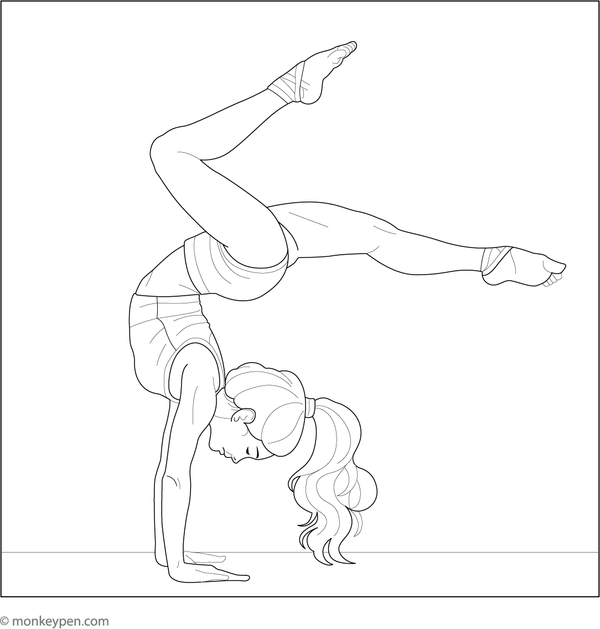 Girl performing a handstand in a gymnastic for coloring
