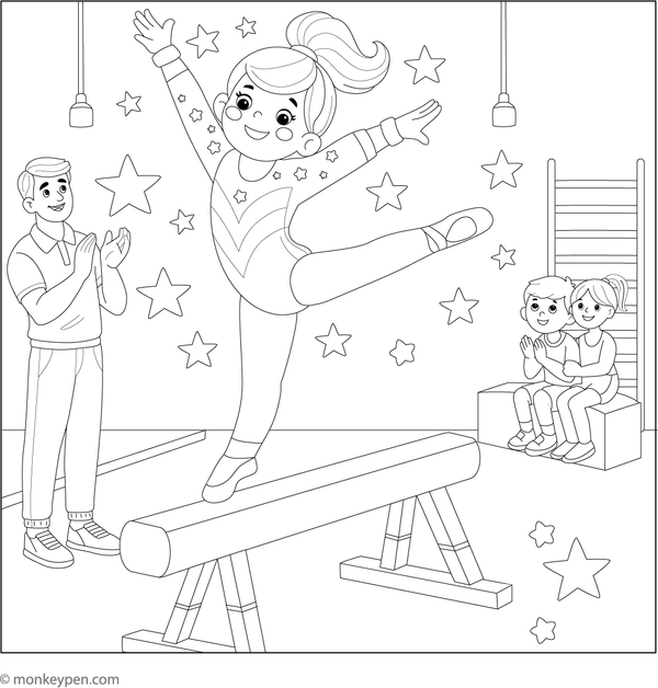 Gymnast performing a routine on a balance beam with poise and skill for coloring