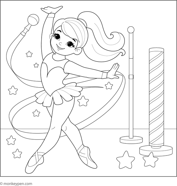 Gymnast twirling a baton during a performance in a gym for coloring.
