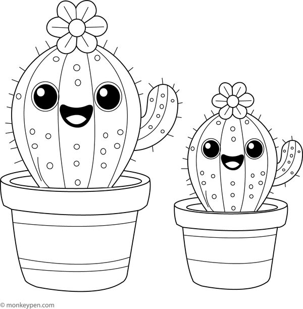 Smiling cactus in a pot colouring page, free printable activity for kids to colour.