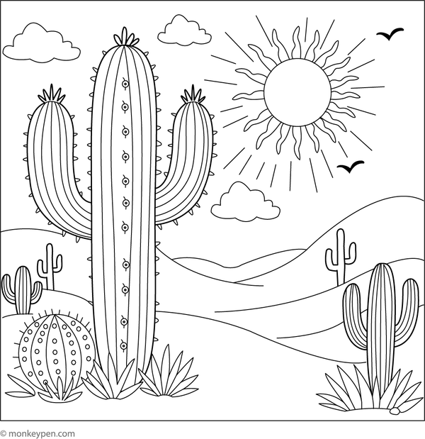 Cactus in a desert sunset colouring page, printable colouring page for kids