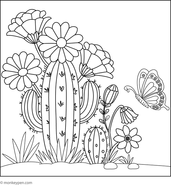 Cactus with blooming flowers colouring page, free printable activity for children.