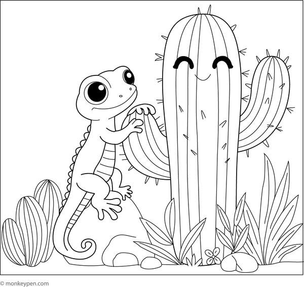 Cactus with a friendly lizard colouring page, fun printable for kids to colour