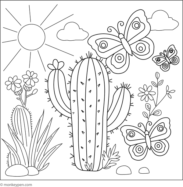 Cactus with a fluttering butterfly colouring page, free printable for children.